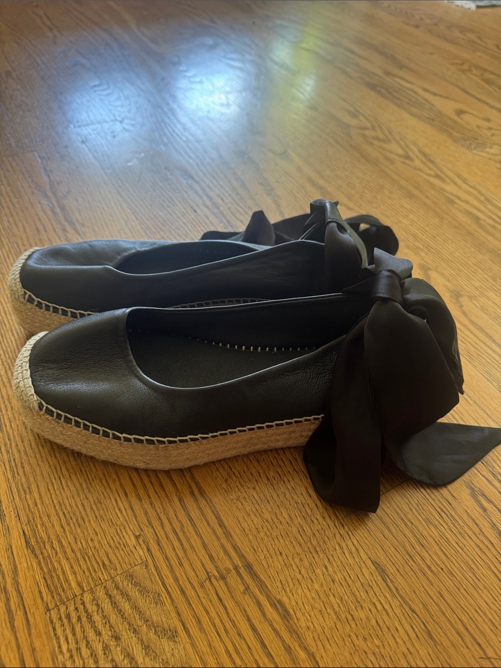 Free People Black Leather Espadrille Ballet Flats with Satin Ankle Ribbons